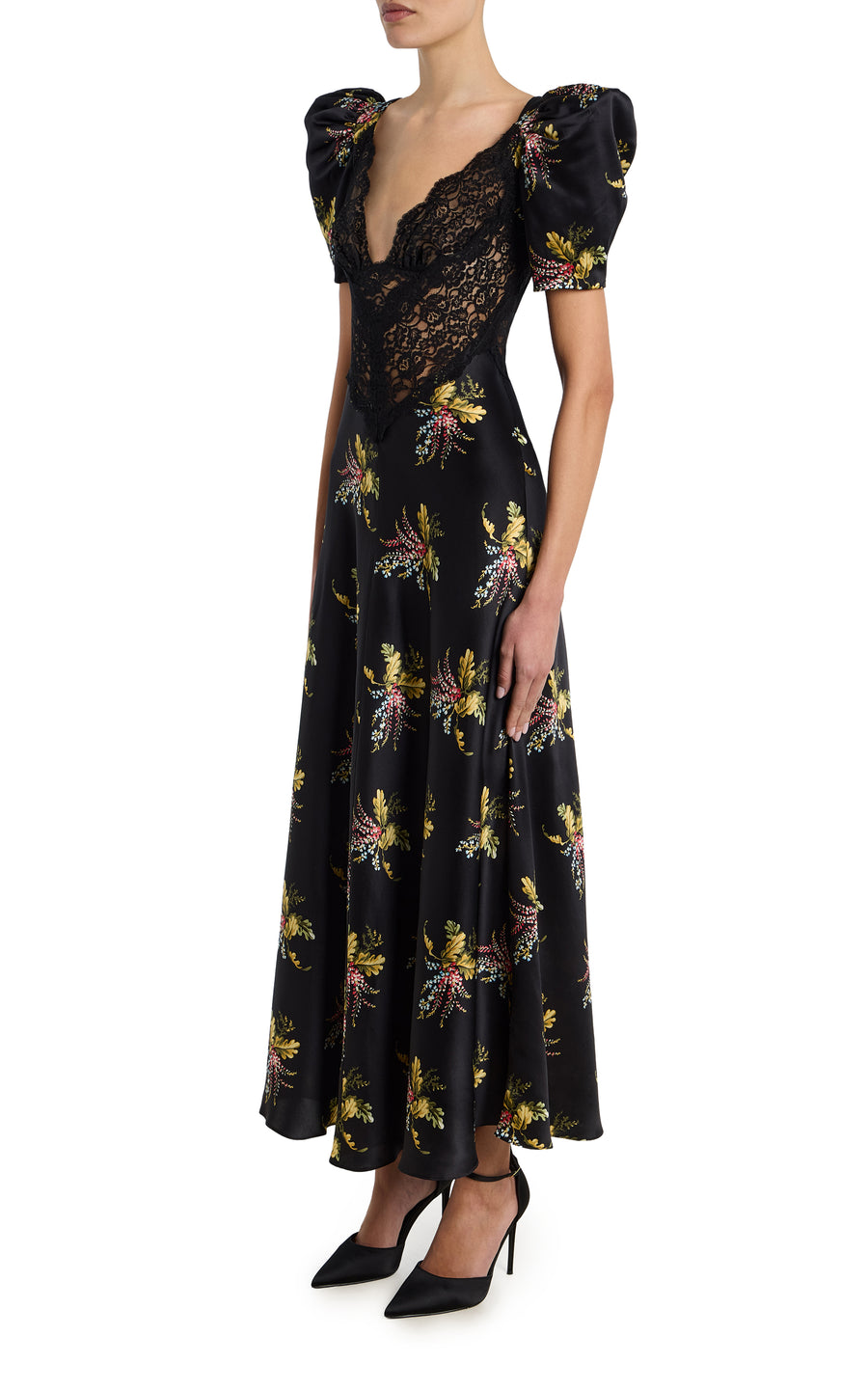 black floral satin dress Floral Printed Silk Satin Bias Dress With Black Lace Bodice Detail – Rodarte