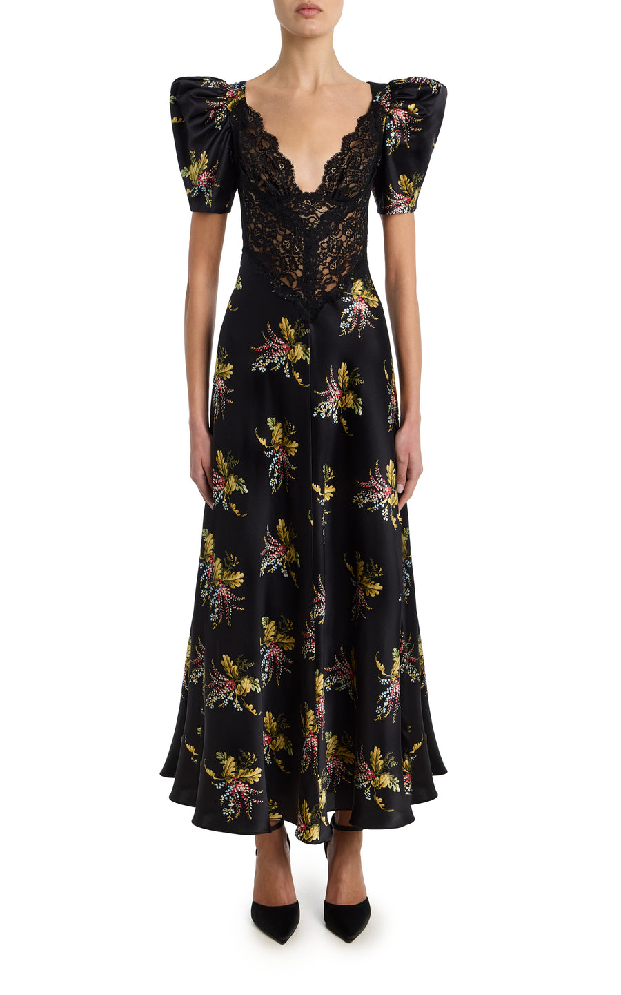 Floral Printed Silk Satin Bias Dress With Black Lace Bodice Detail  Rodarte