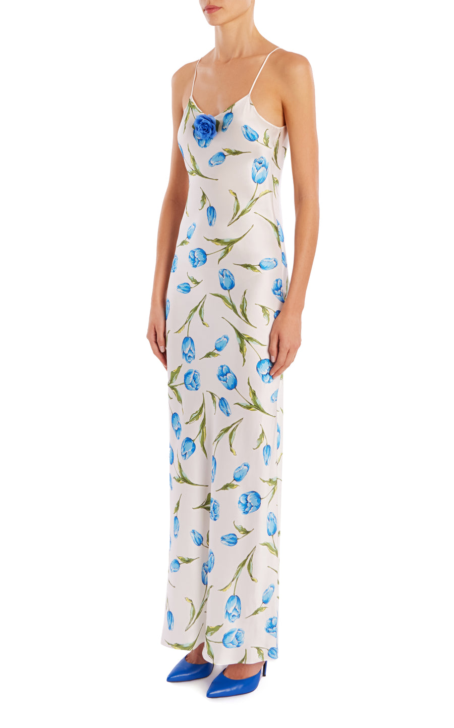 White And Blue Tulip Printed Silk Bias Slip With Silk Rosette