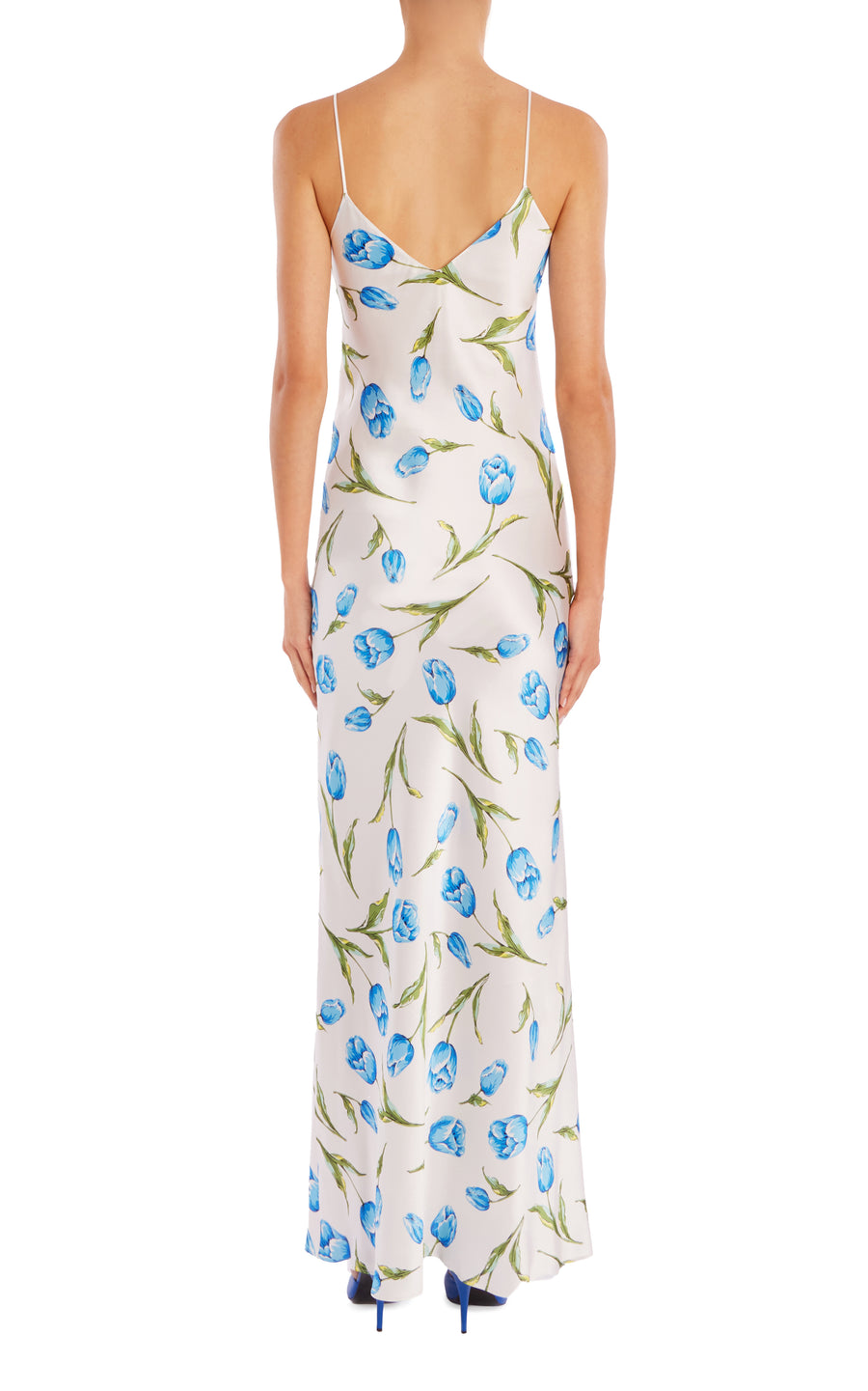 White And Blue Tulip Printed Silk Bias Slip With Silk Rosette