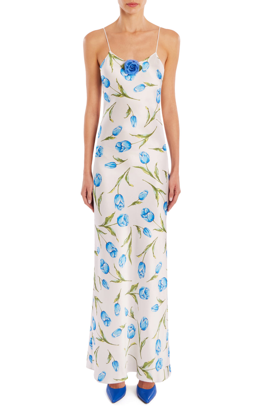 White And Blue Tulip Printed Silk Bias Slip With Silk Rosette