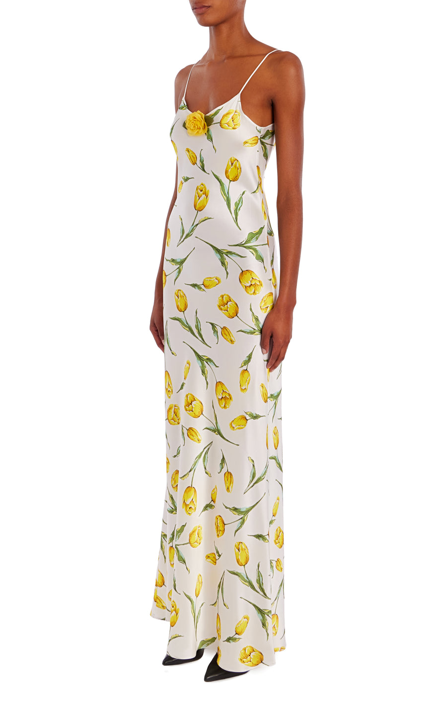 White And Yellow Tulip Printed Silk Bias Slip With Silk Rosette