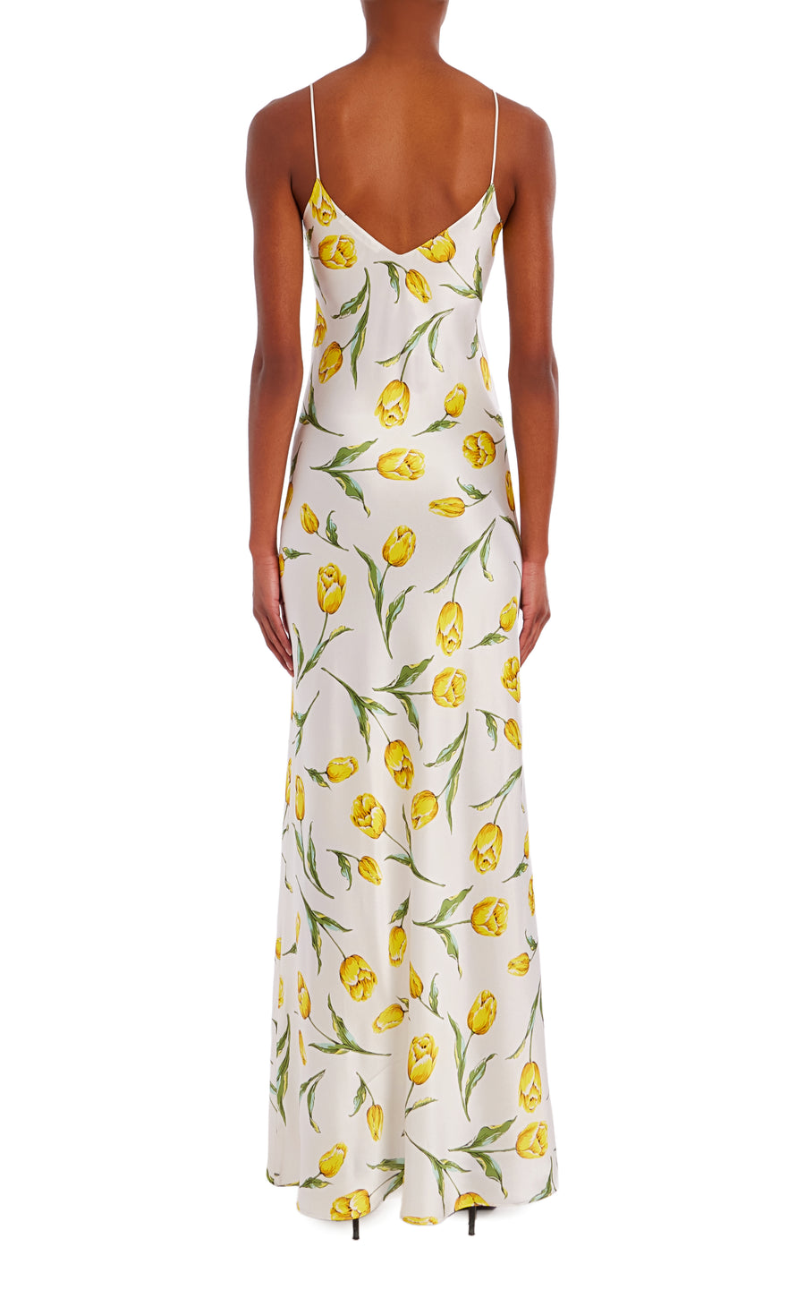 White And Yellow Tulip Printed Silk Bias Slip With Silk Rosette