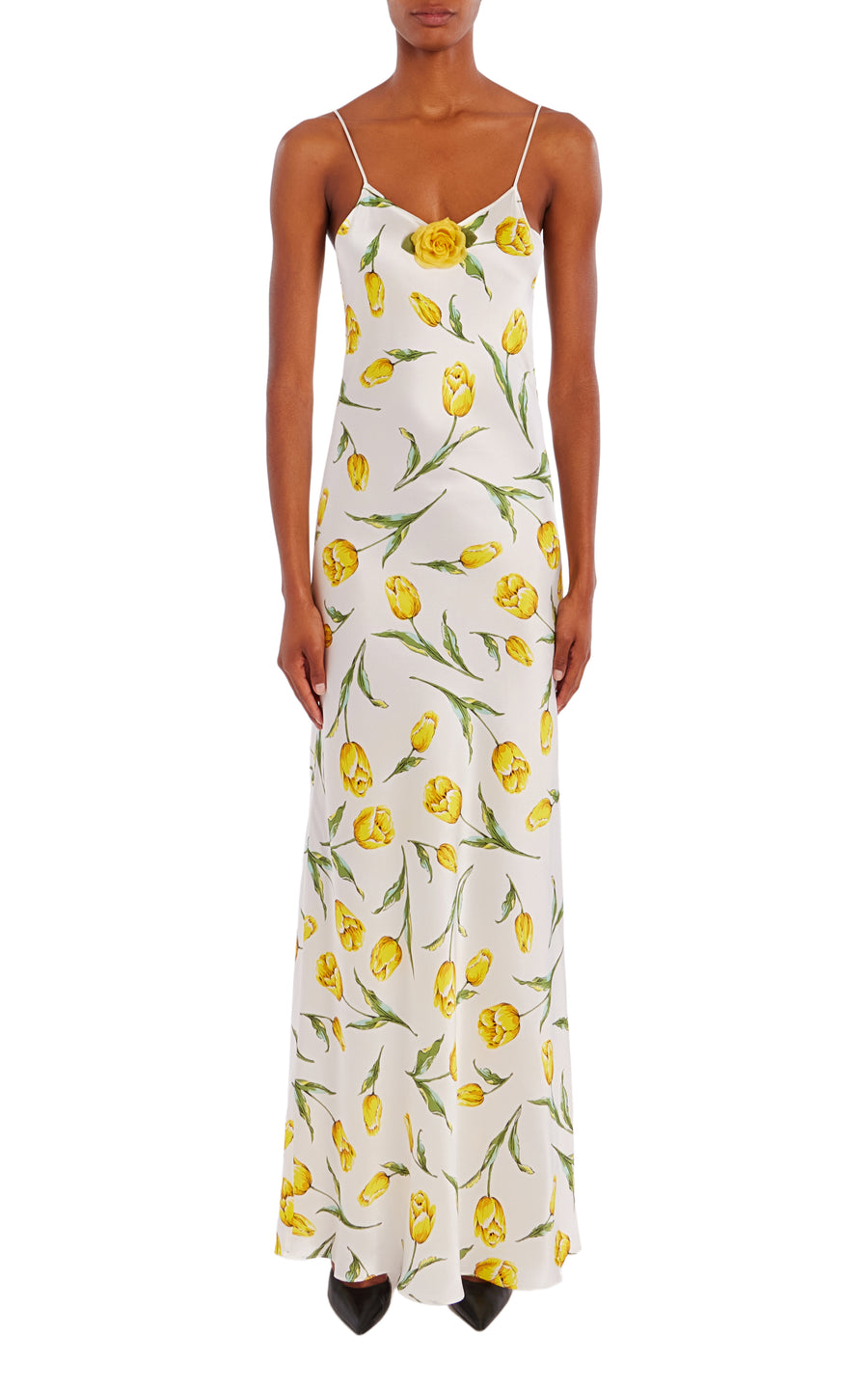 White And Yellow Tulip Printed Silk Bias Slip With Silk Rosette