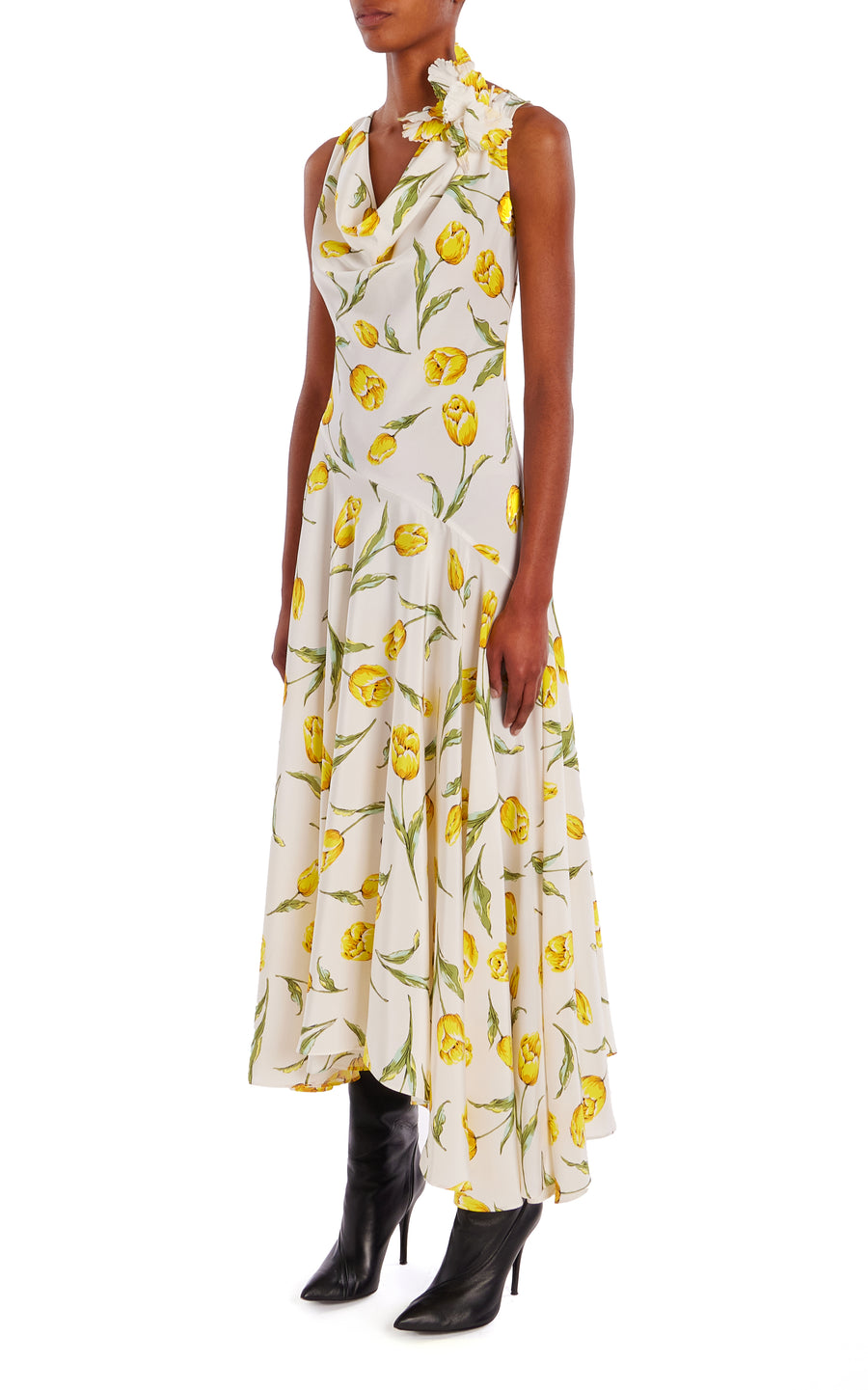 Floral Silk Cowl Neck Dress With Handkerchief Skirt