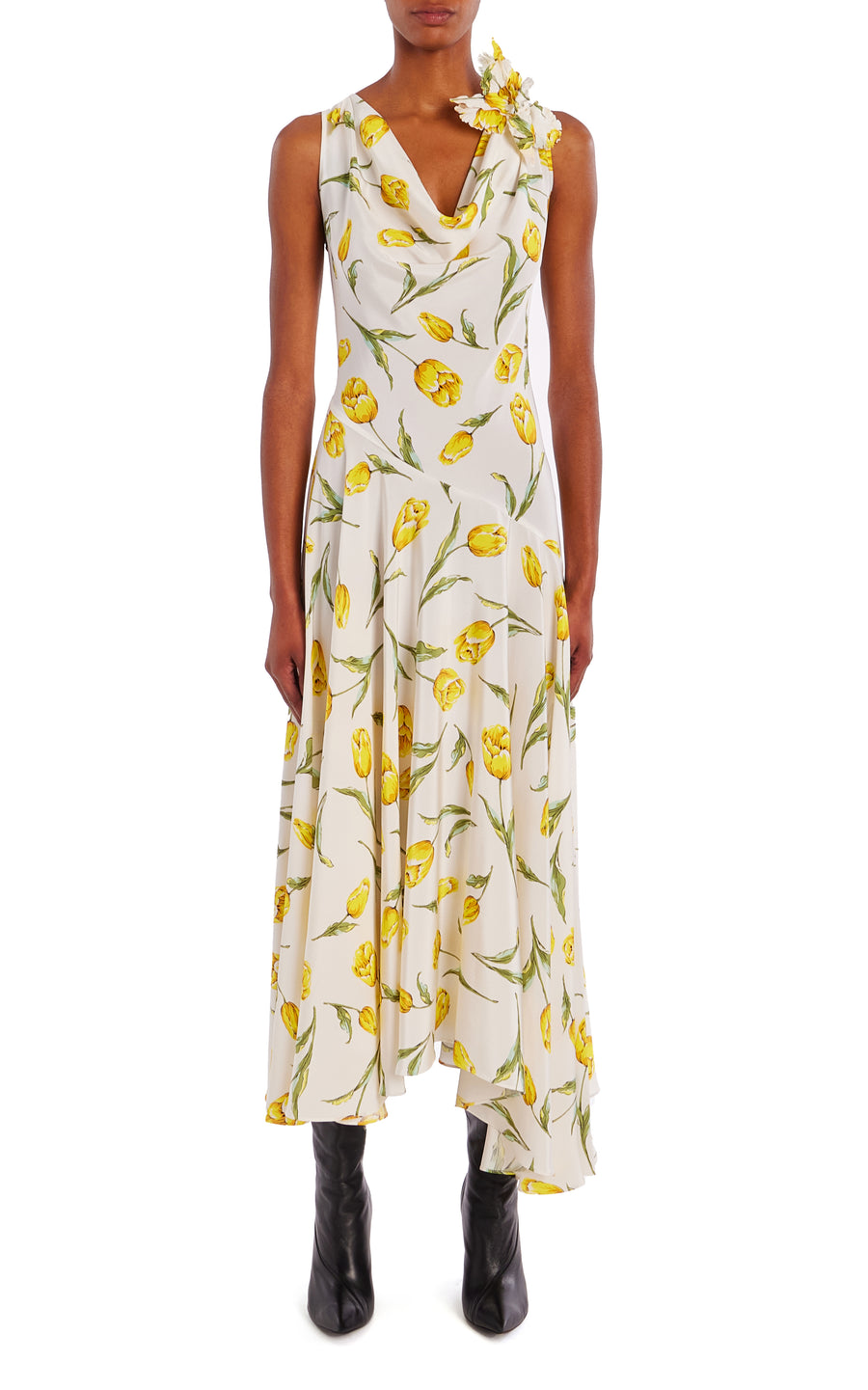 Floral Silk Cowl Neck Dress With Handkerchief Skirt