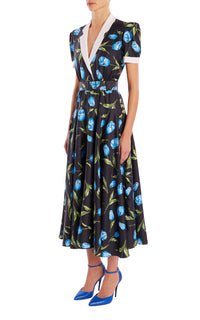 blue floral silk twill midi dress Tulip Printed Silk Silk Twill Collared Dress With Belt – Rodarte