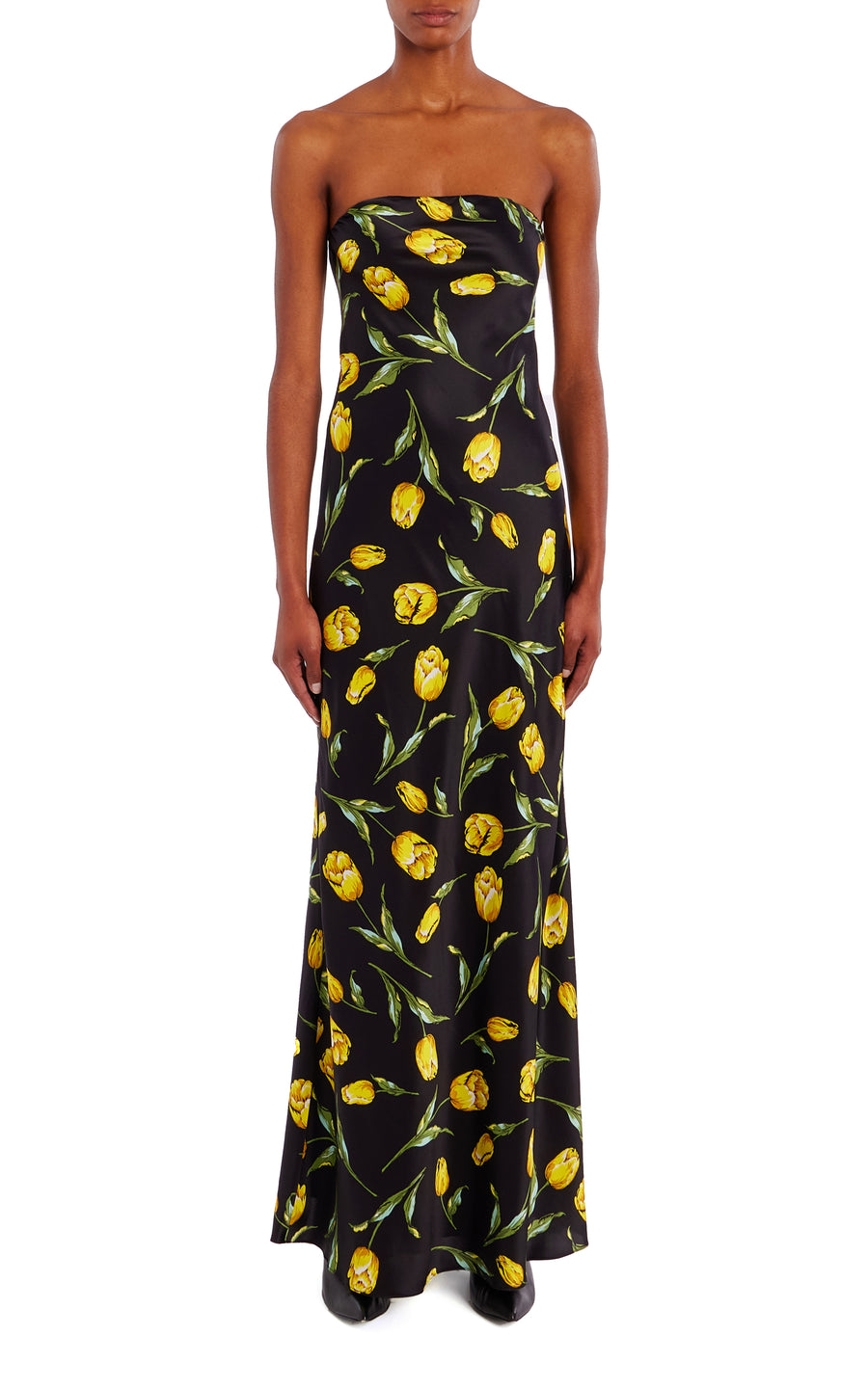 Printed Silk Strapless Gown