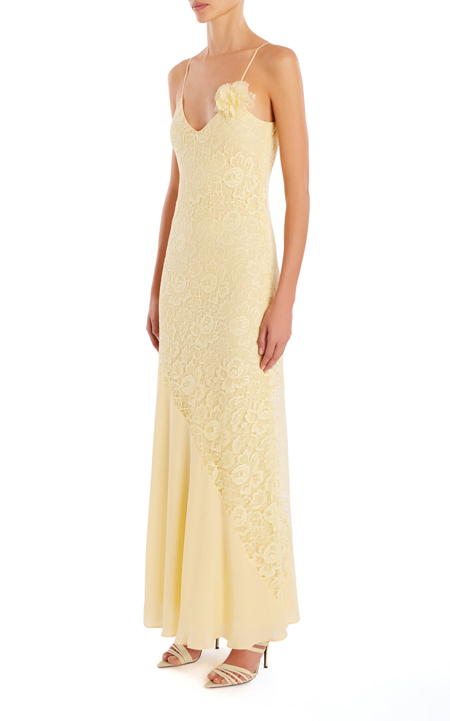 Yellow French Levers Lace And Silk Georgette Bias Gown