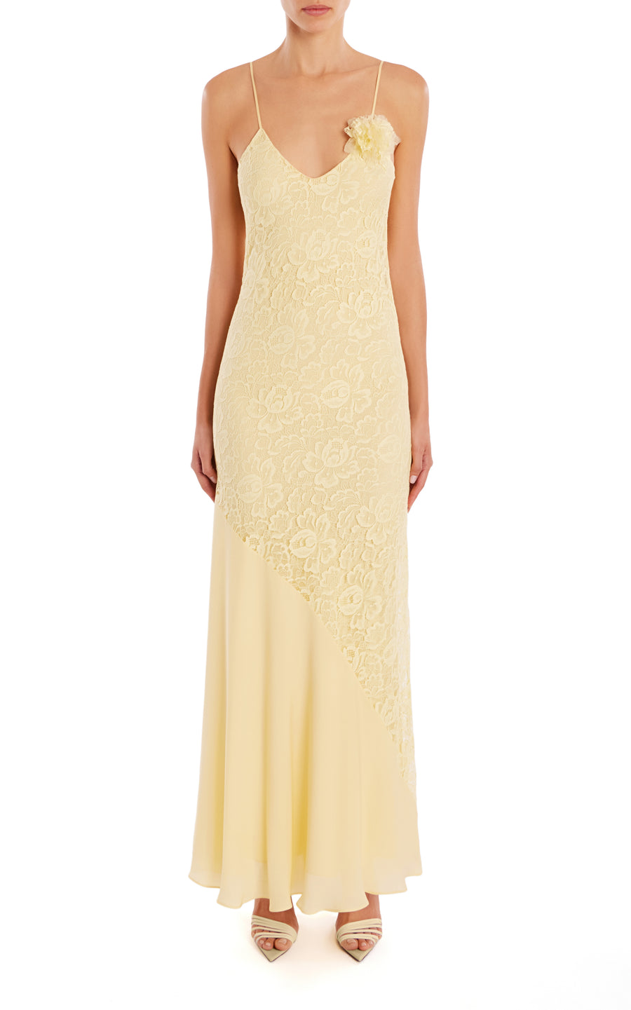 Yellow French Levers Lace And Silk Georgette Bias Gown