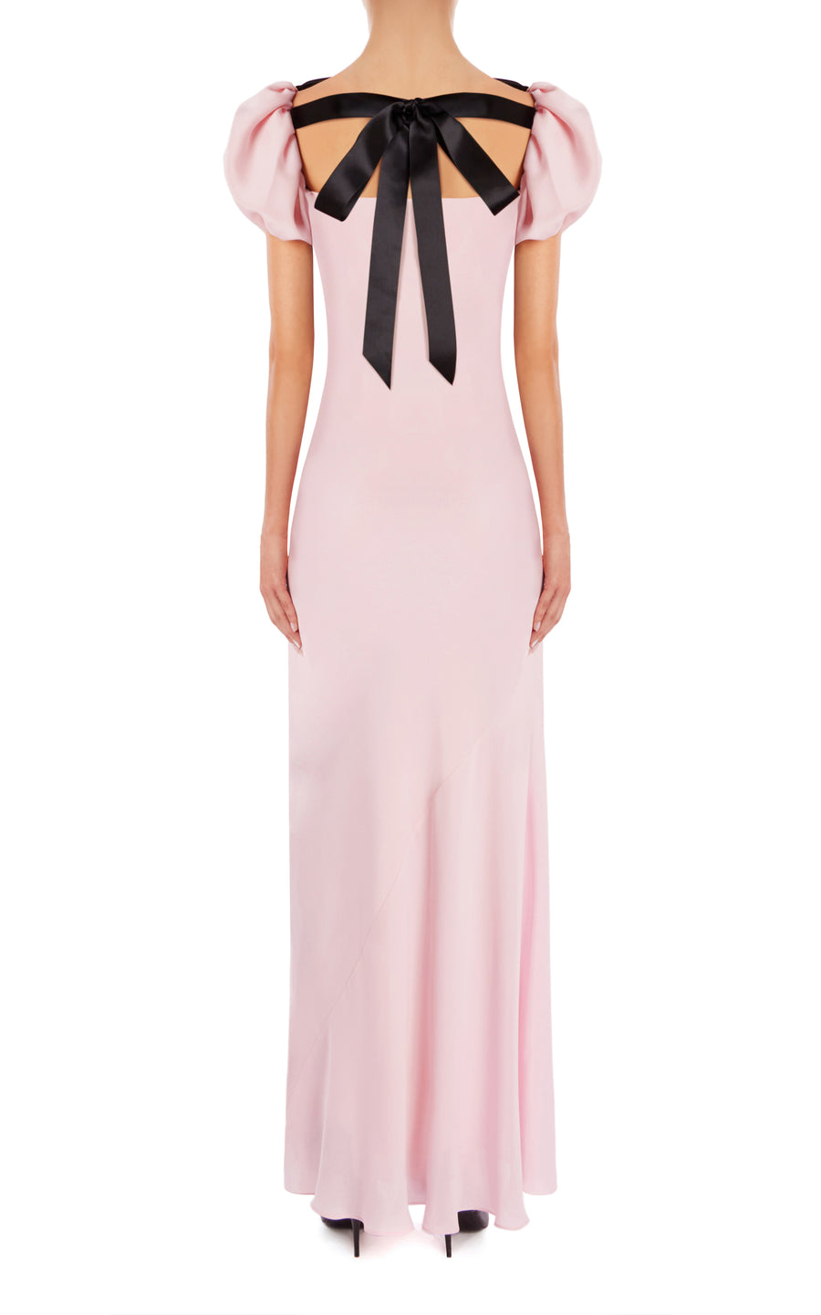 Pink Silk Crepe Dress Gown Puff Sleeves and Bow Detail