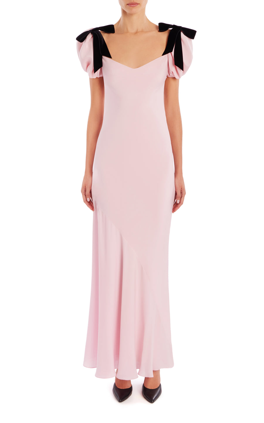 Pink Silk Crepe Dress Gown Puff Sleeves and Bow Detail