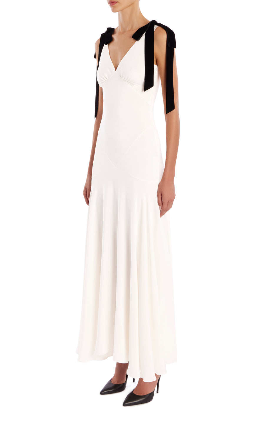 White Silk Crepe Bias Dress With Black Velvet Ribbon Bow Detail White Silk Crepe Bias Dress With Black Velvet Ribbon Bow Detail