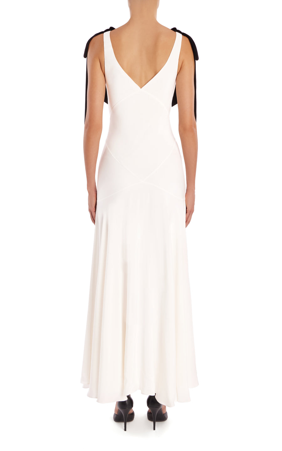 White Silk Crepe Bias Dress With Black Velvet Ribbon Bow Detail – Rodarte White Silk Crepe Bias Dress With Black Velvet Ribbon Bow Detail – Rodarte