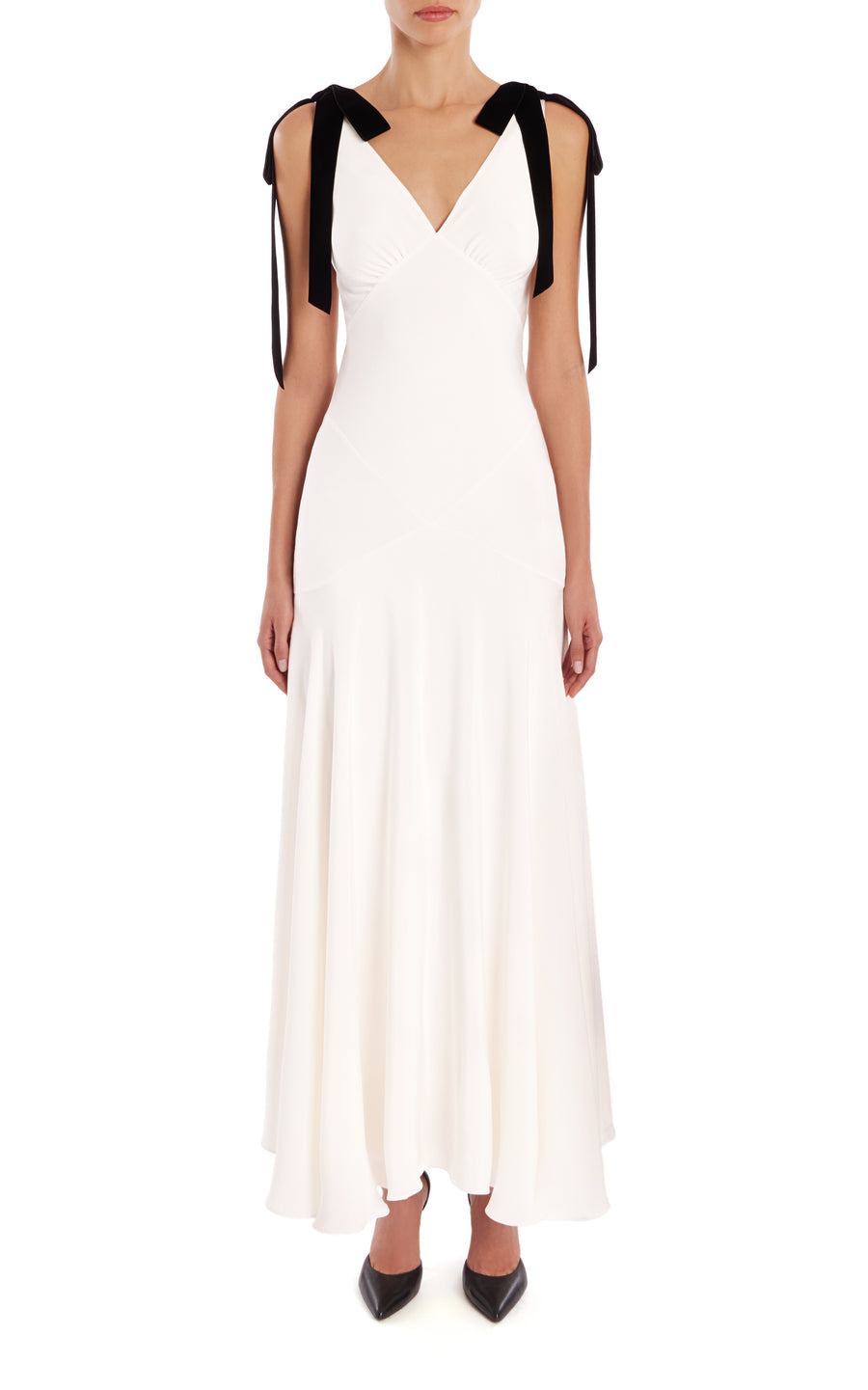 White Silk Crepe Bias Dress With Black Velvet Ribbon Bow Detail Rodarte White Silk Crepe Bias Dress With Black Velvet Ribbon Bow Detail Rodarte
