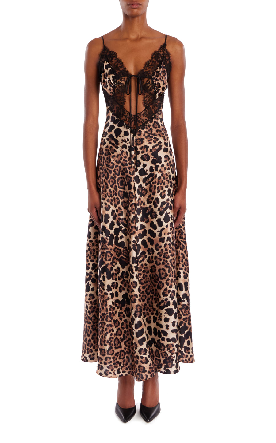 Leopard Printed Silk Bias Dress With Black Lace Leopard Printed Silk Bias Dress With Black Lace