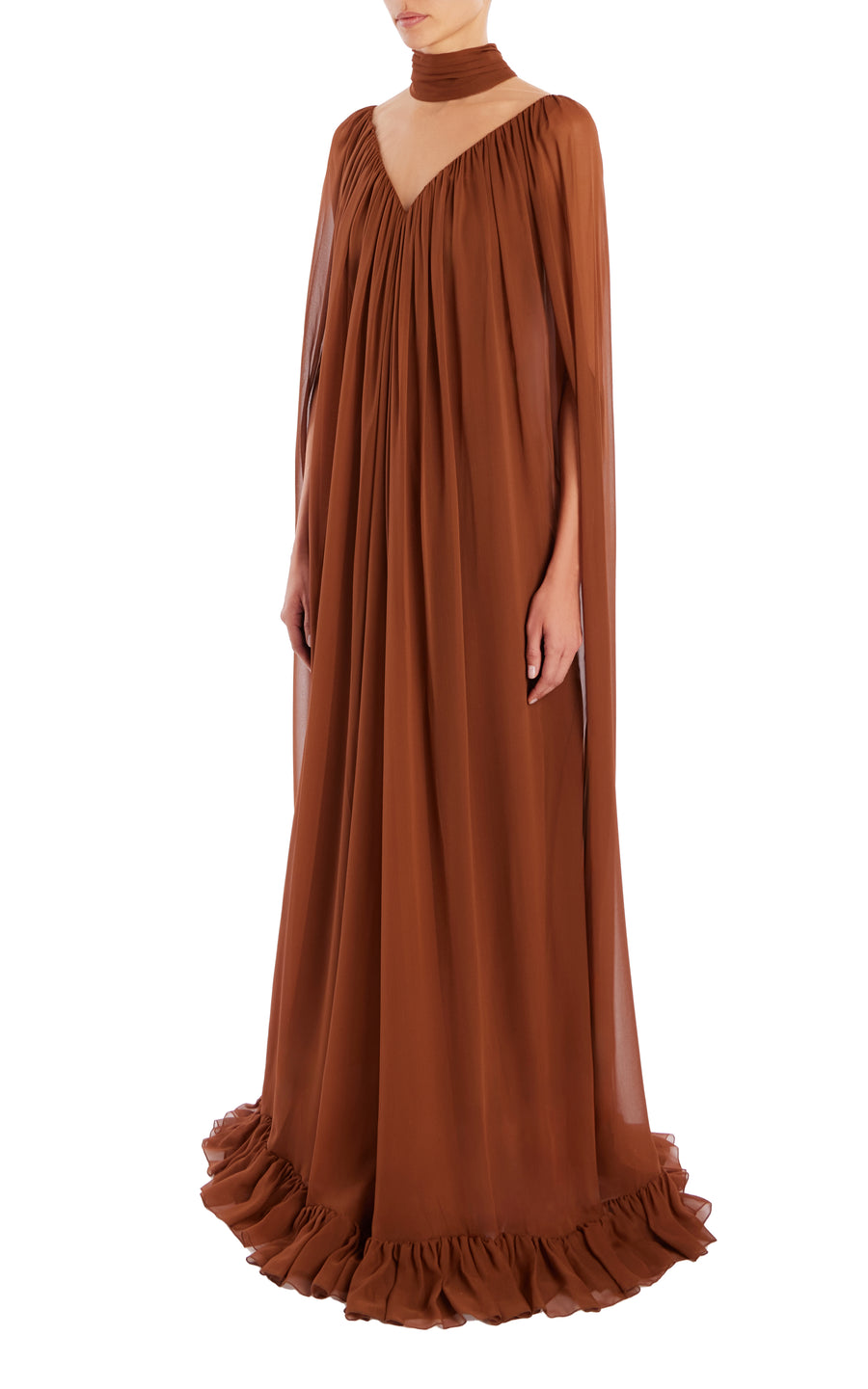 Brown Silk Chiffon Cape Gown with Ruffle Detail – Rodarte Brown Silk Chiffon Cape Gown with Ruffle Detail – Rodarte