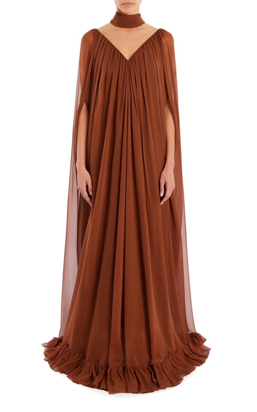 Brown Silk Chiffon Cape Gown with Ruffle Detail Brown Silk Chiffon Cape Gown with Ruffle Detail