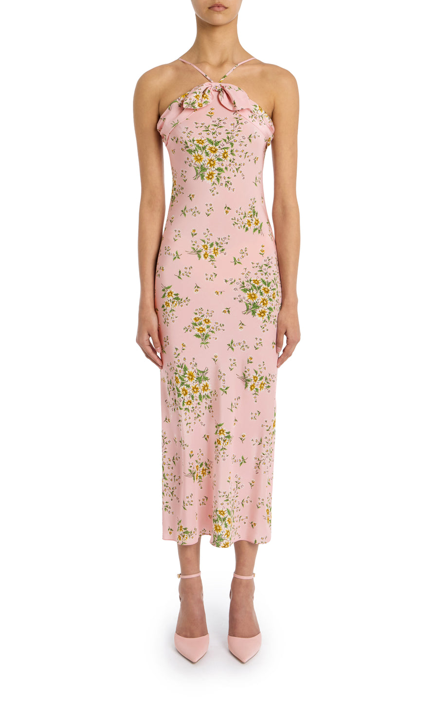 Pink Daisy Silk Halter Dress with Tie Neck Detail Pink Daisy Silk Halter Dress with Tie Neck Detail