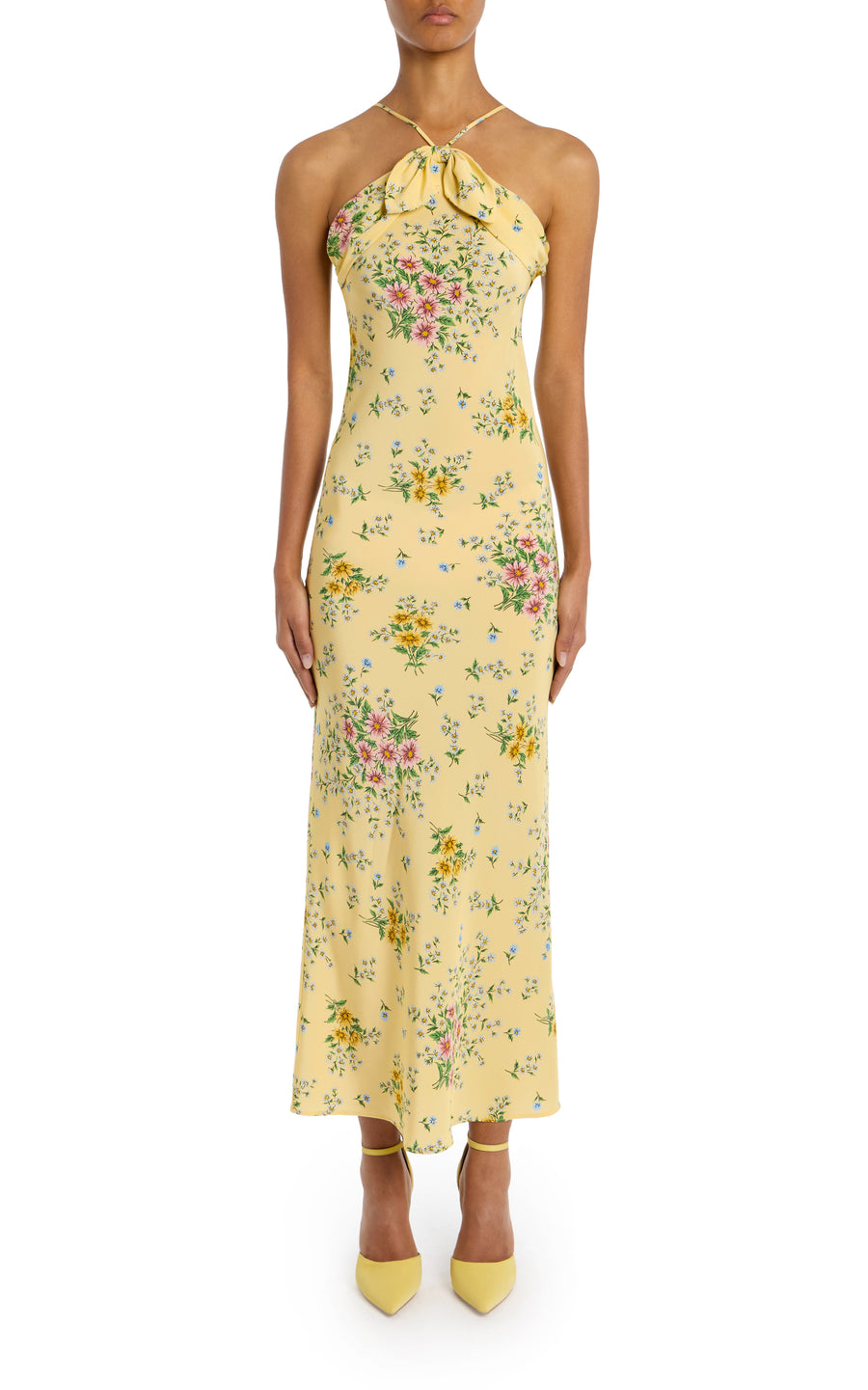 Yellow Daisy Silk Halter Dress with Tie Neck Detail Yellow Daisy Silk Halter Dress with Tie Neck Detail