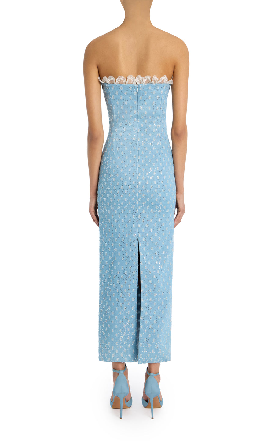 Sequined Denim And Lace Strapless Dress With Embroidered Detail – Rodarte