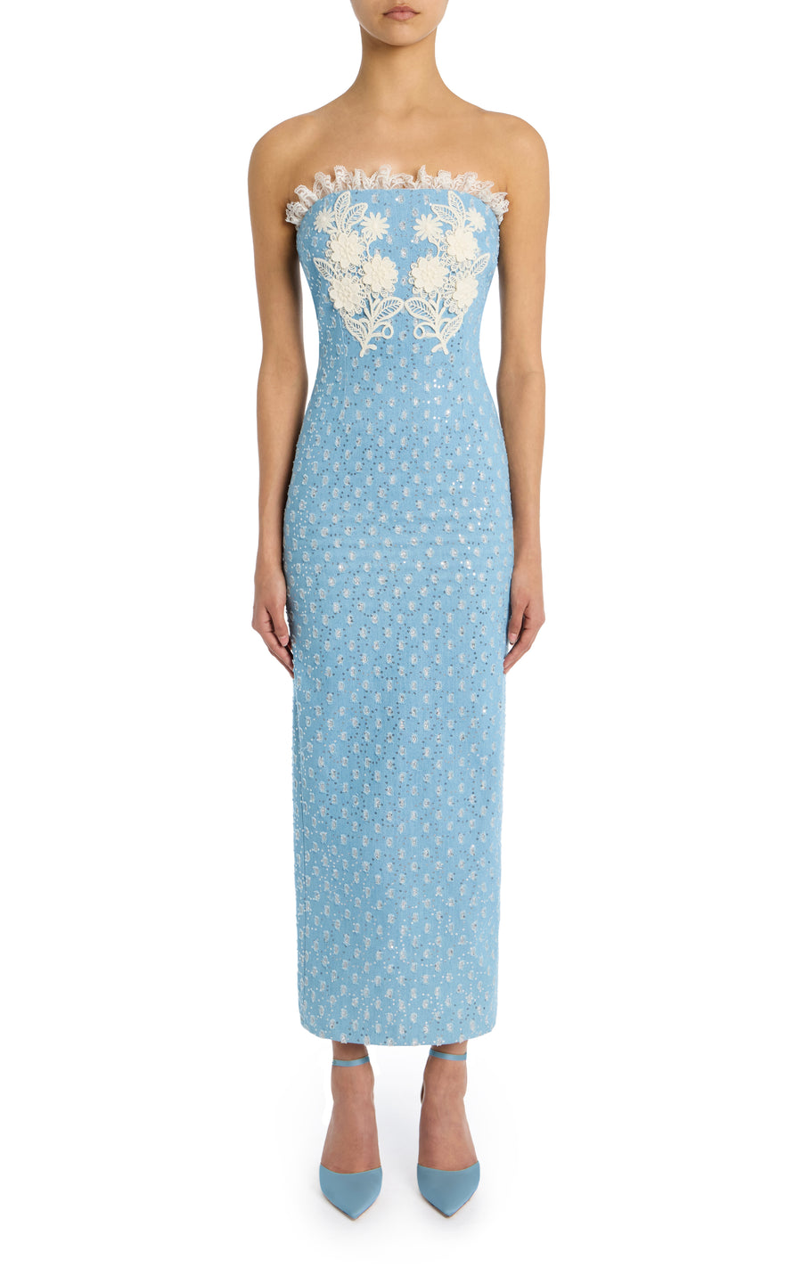 Sequined Denim And Lace Strapless Dress With Embroidered Detail – Rodarte Sequined Denim And Lace Strapless Dress With Embroidered Detail – Rodarte