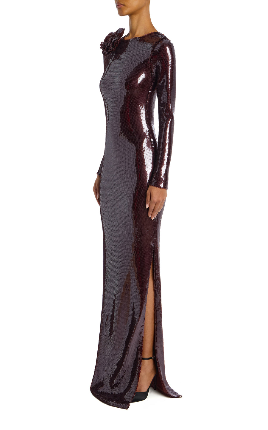 Brown Sequin Gown With Flower Detail