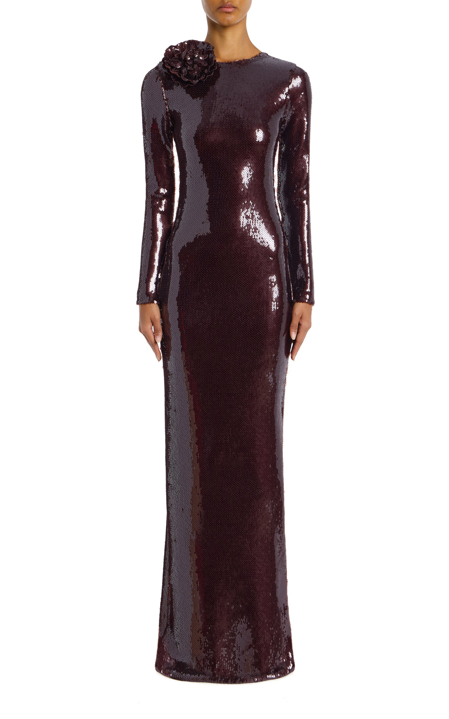 Brown Sequin Gown With Flower Detail