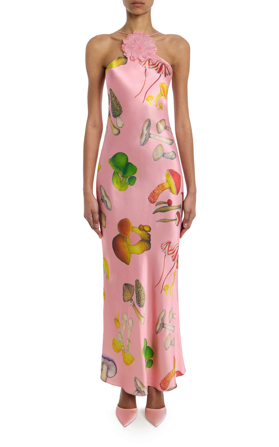 Pink Mushroom Printed Silk Satin Halter Gown With Silk Flower Rodarte Pink Mushroom Printed Silk Satin Halter Gown With Silk Flower Rodarte