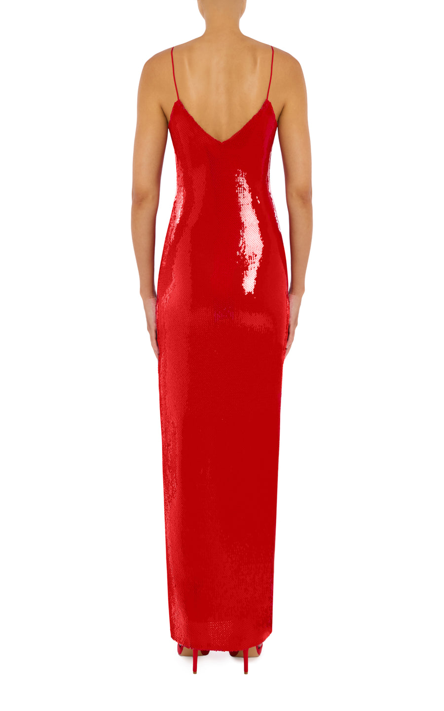 Red Sequin Gown With Flower Detail