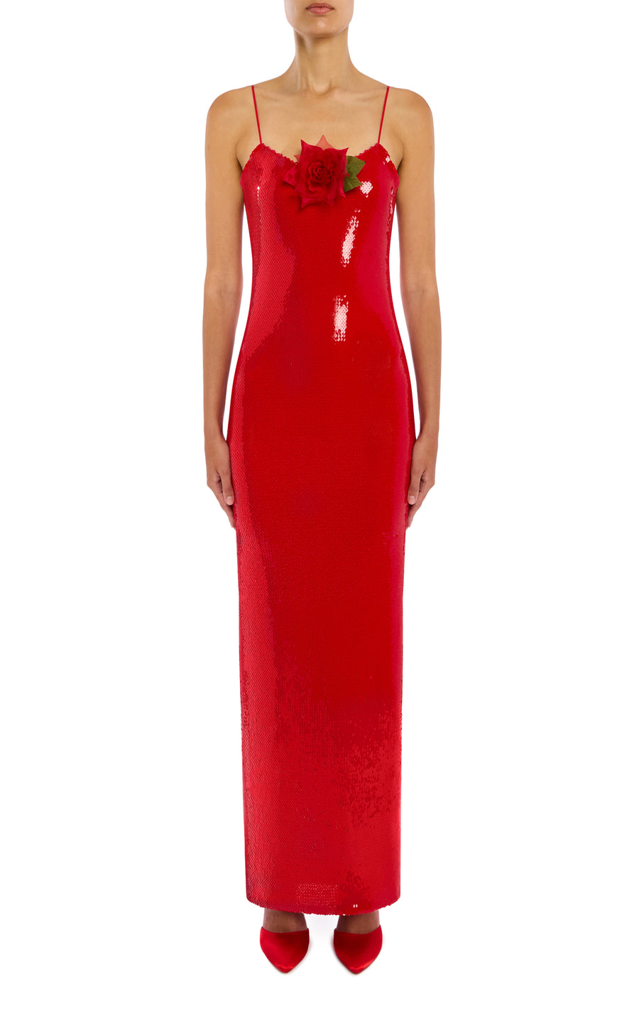 Red Sequin Gown With Flower Detail