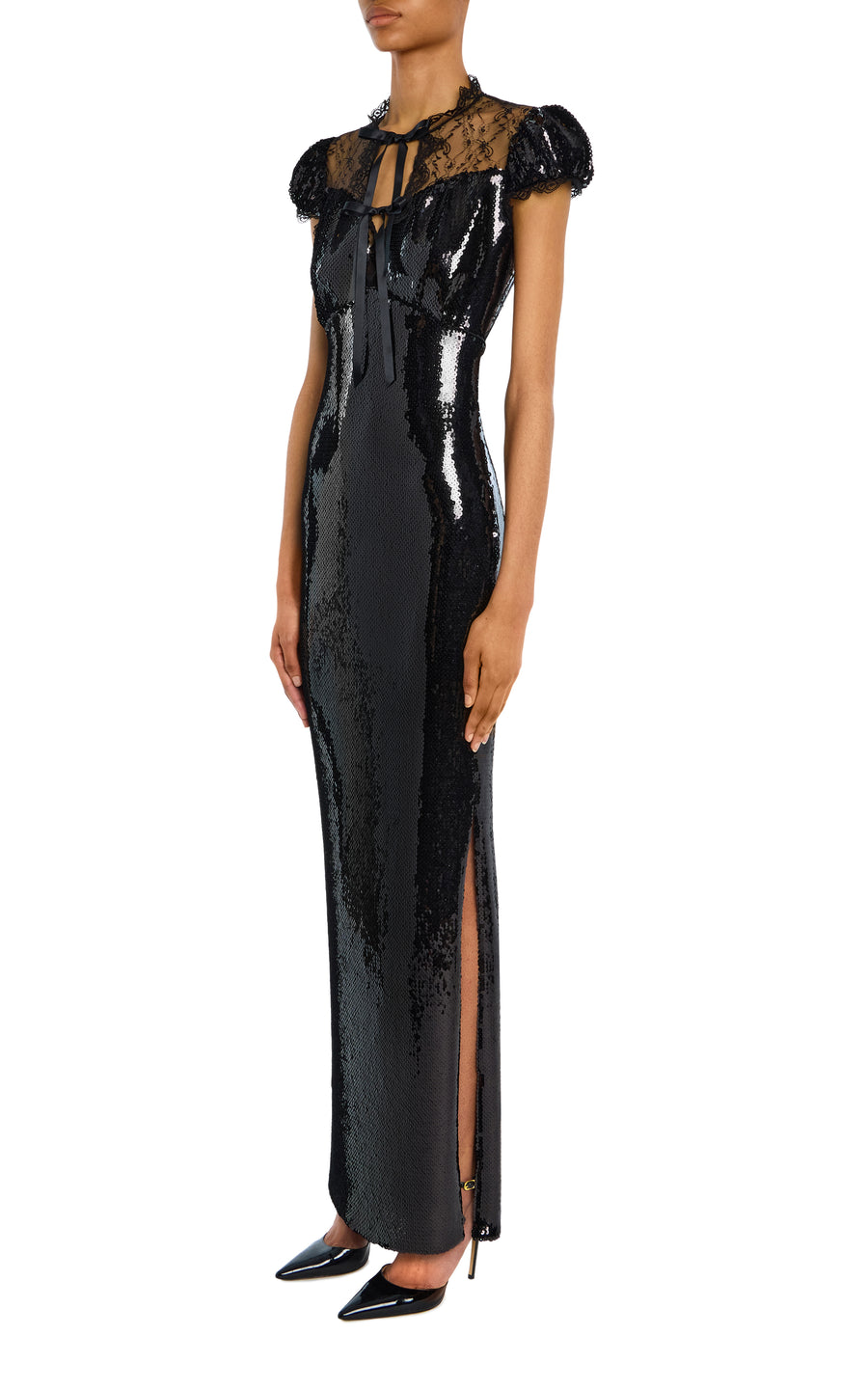 Black Sequin Cap Sleeve Gown with Lace Details