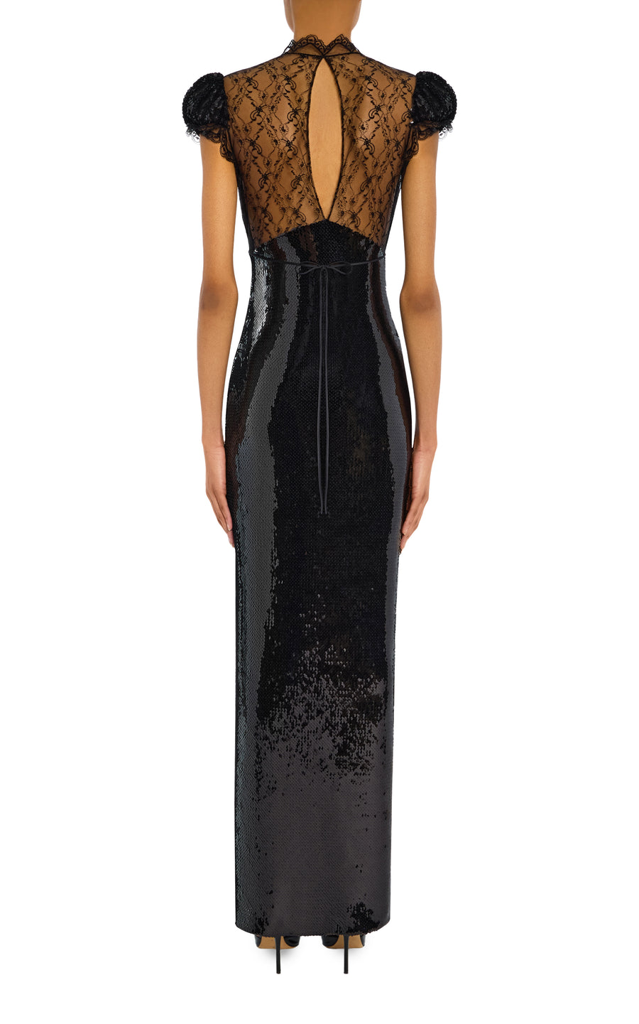 Black Sequin Cap Sleeve Gown with Lace Details