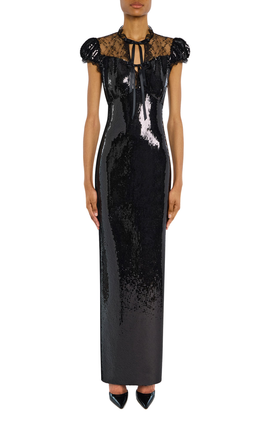 Black Sequin Cap Sleeve Gown with Lace Details