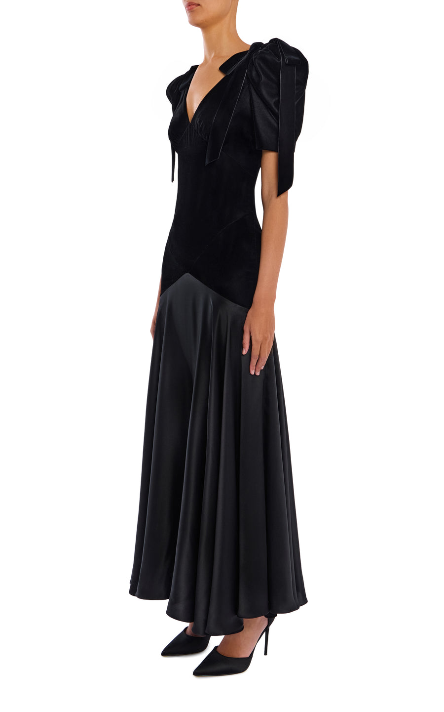 Black Velvet and Silk Charmeuse Bias Dress With Velvet Bow Details