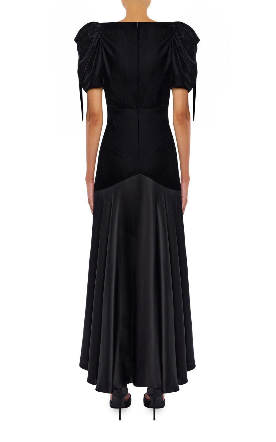 Black Velvet and Silk Charmeuse Bias Dress With Velvet Bow Details