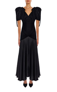 Black Velvet and Silk Charmeuse Bias Dress With Velvet Bow Details