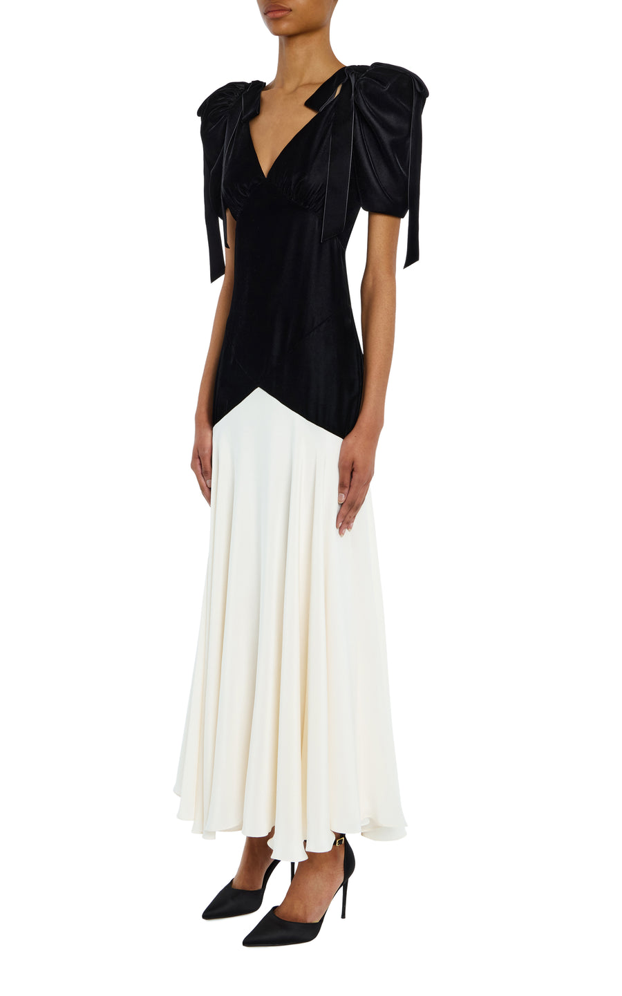 Black Velvet and White Silk Crepe Bias Dress With Velvet Bow Details