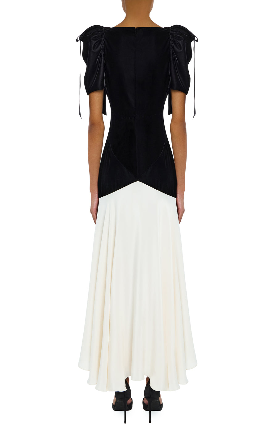 Black Velvet and White Silk Crepe Bias Dress With Velvet Bow Details