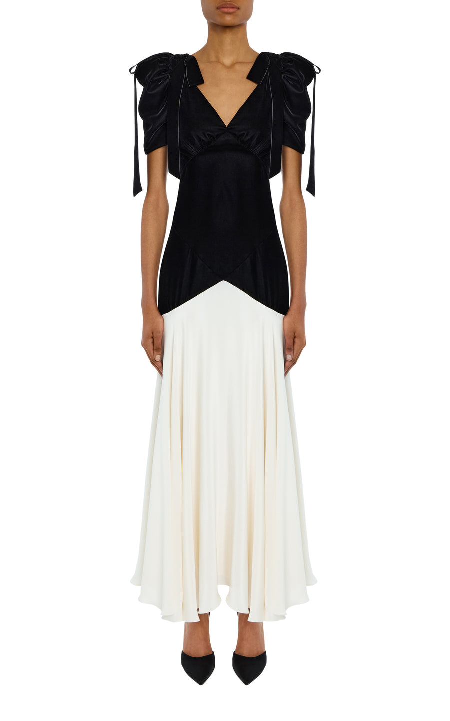 Black Velvet and White Silk Crepe Bias Dress With Velvet Bow Details