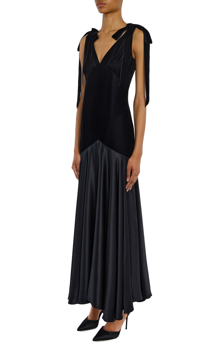 Black Velvet and Silk Charmeuse Bias Dress With Velvet Bow Details