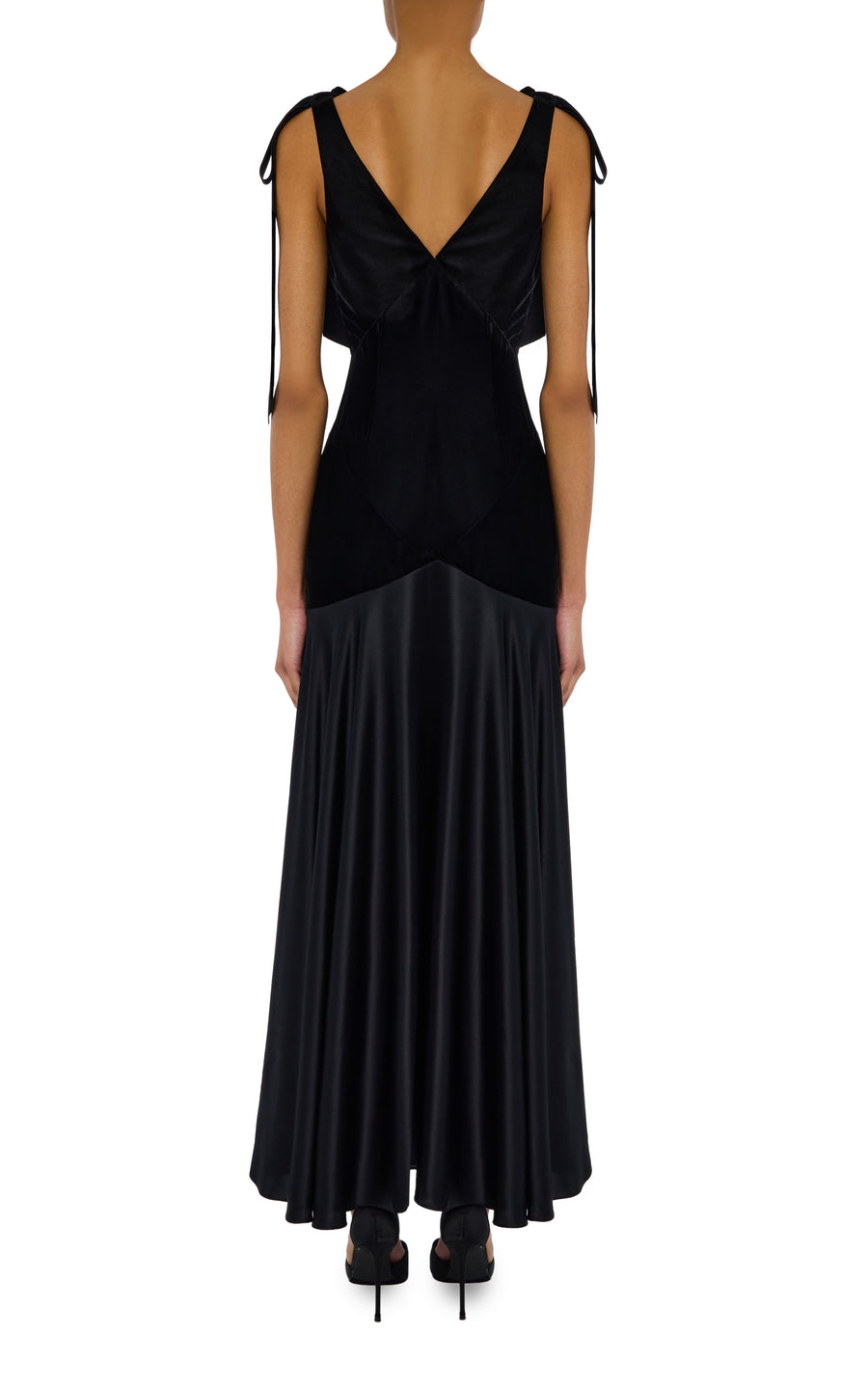 Black Velvet and Silk Charmeuse Bias Dress With Velvet Bow Details
