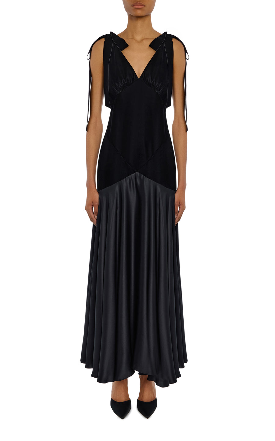 Black Velvet and Silk Charmeuse Bias Dress With Velvet Bow Details