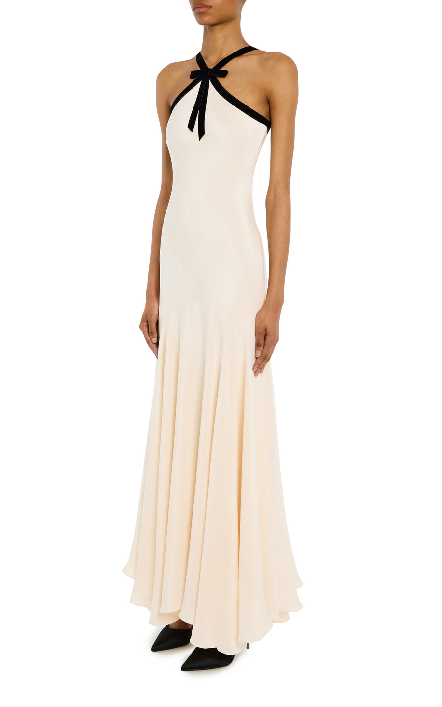 Cream Silk Crepe Bias Dress With Black Velvet Ribbon Bow Detail