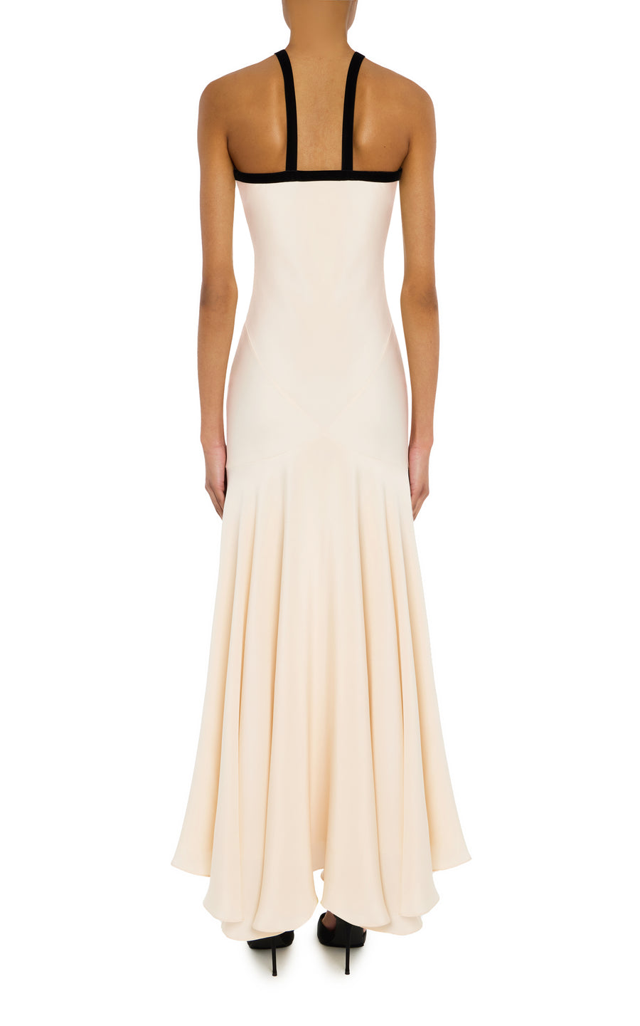 Cream Silk Crepe Bias Dress With Black Velvet Ribbon Bow Detail