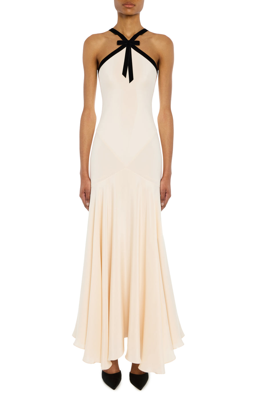 Cream Silk Crepe Bias Dress With Black Velvet Ribbon Bow Detail