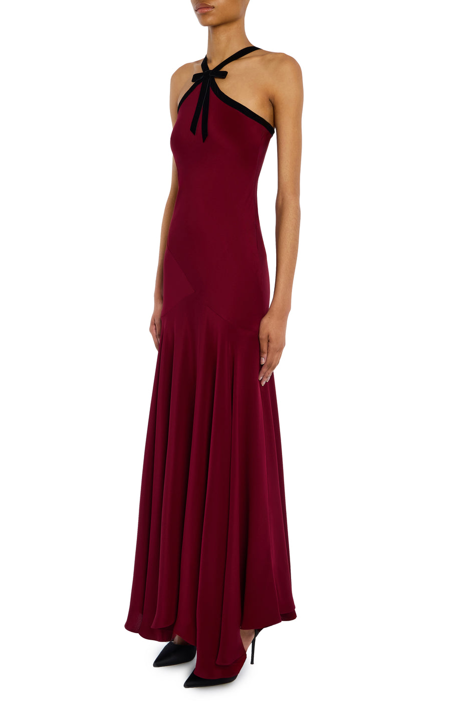 Burgundy Silk Crepe Bias Dress With Black Velvet Ribbon Bow Detail
