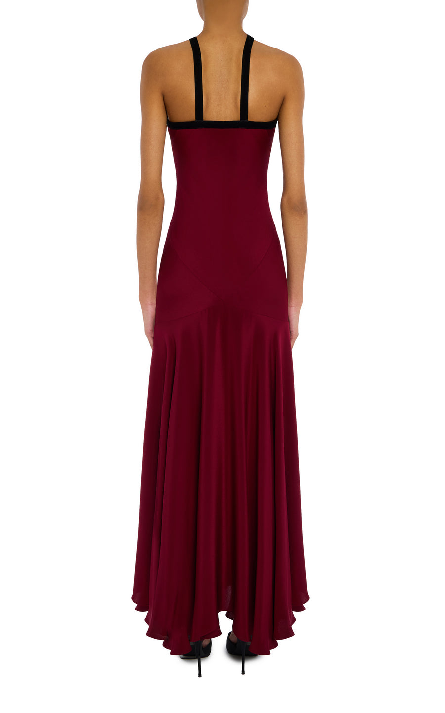 Burgundy Silk Crepe Bias Dress With Black Velvet Ribbon Bow Detail