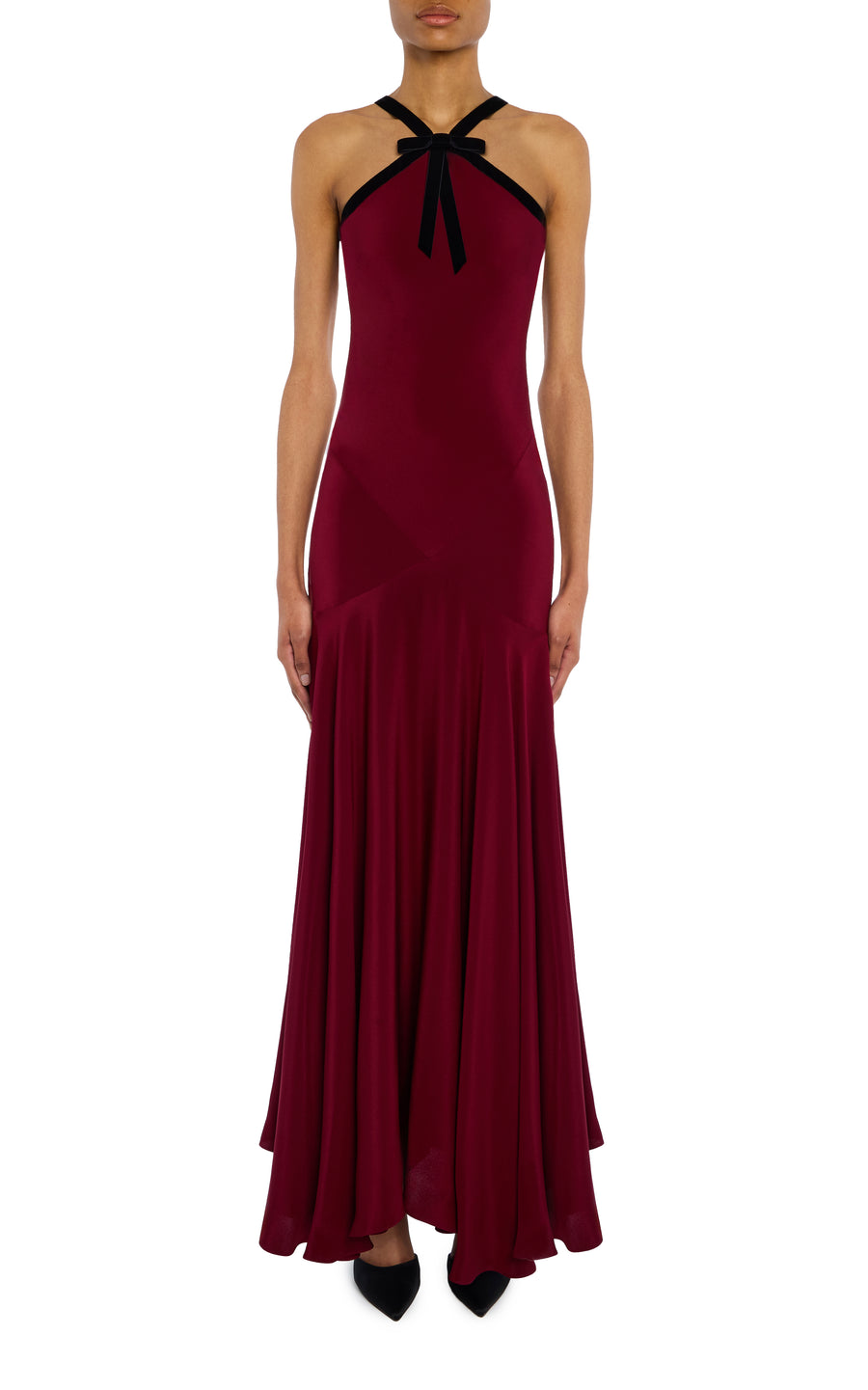 Burgundy Silk Crepe Bias Dress With Black Velvet Ribbon Bow Detail