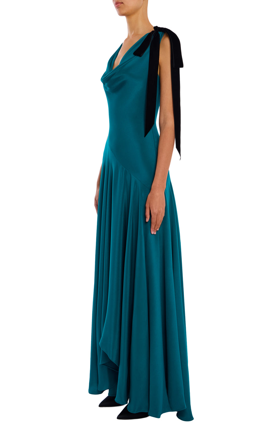 Teal Silk Crepe Cowl Neck Dress With Handkerchief Skirt And Velvet Bow